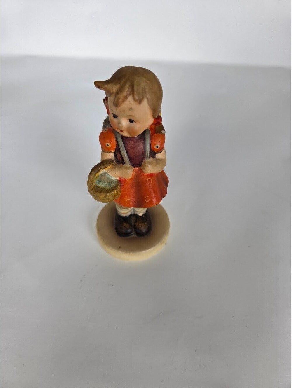 Vintage Hummel Style Figurine Girl in Red Dress with Basket Hand-Painted Ceramic